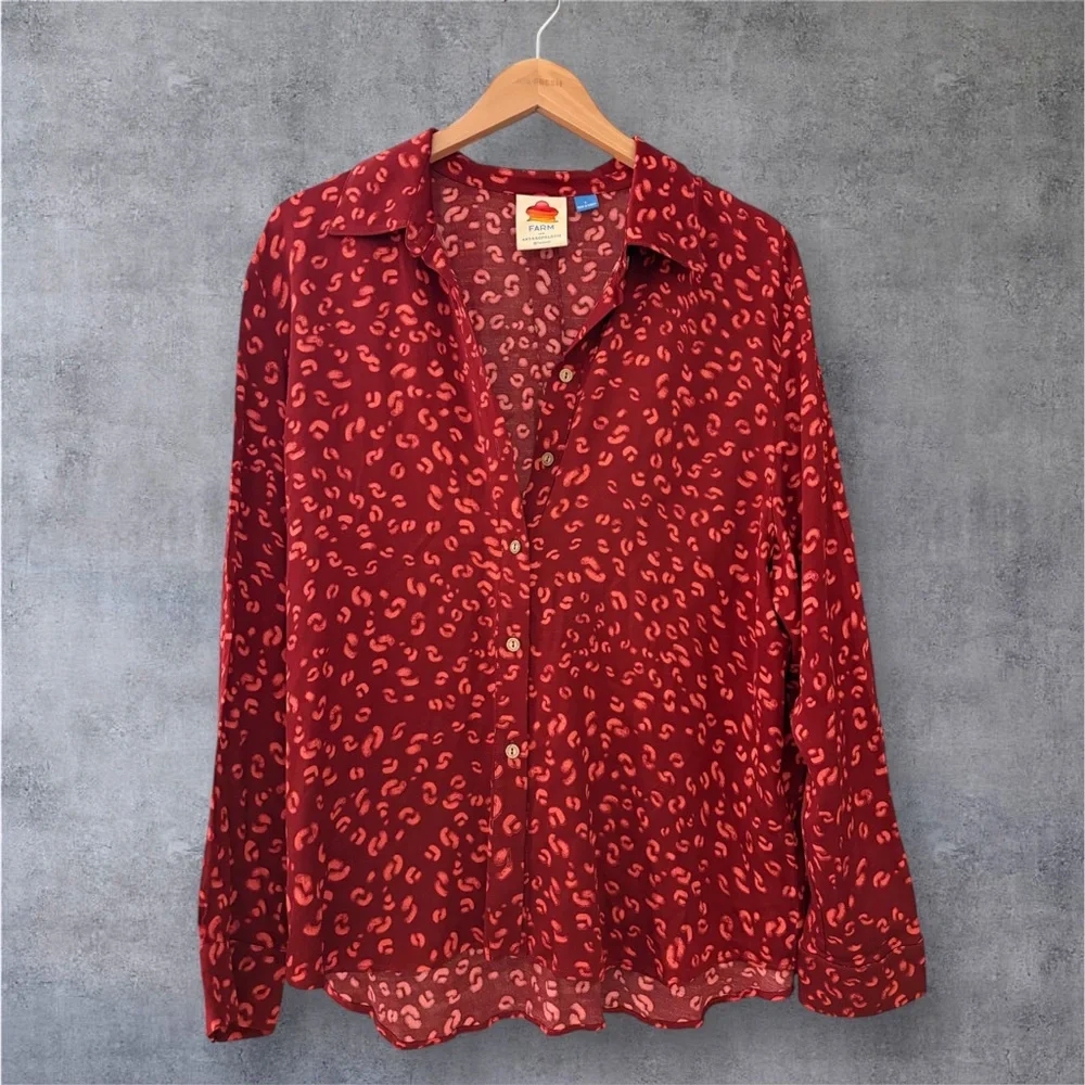 Farm Rio x Anthropologie Red Print Blouse Boho Chic Button Down Size L - Picture 1 of 3